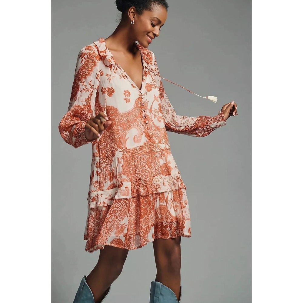 Anthropologie Marais Printed Chiffon Mini Dress Women's 2X Plus Floral NO LINER